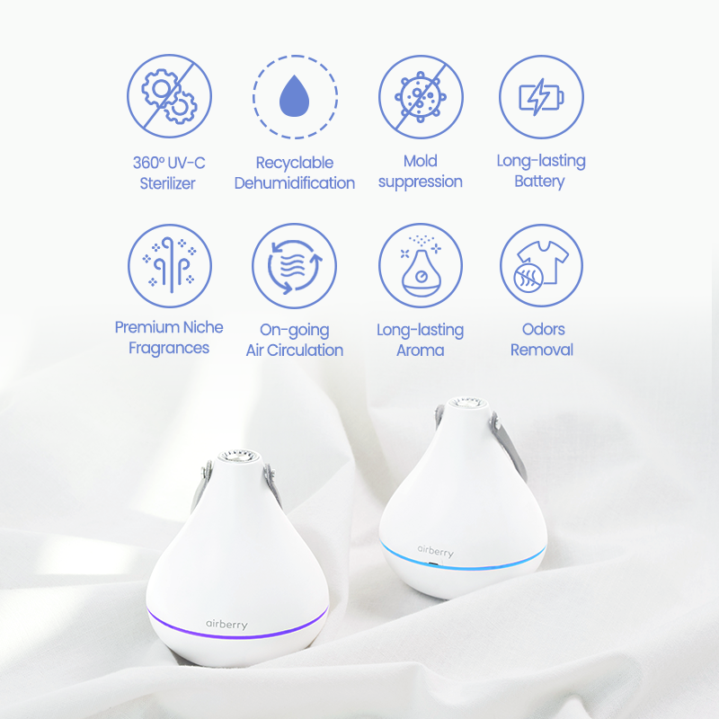 Experience the All-in-One Solution- UV-C Sterilization · Dehumidification · Odor Elimination · Long-lasting Freshness with airberry Smart Care Device 1+1 Set