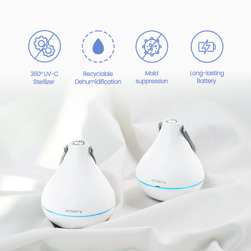 360° UV-C Sterilizer. Kill 99.9% Ger. Recyclable Dehumidifier. Reusable Magic Dehumidifying Gel for efficient Water-Absorption. Hangable -Portable. Just hang it anywhere in the house. Odor Elimination Say goodbye to lingering smells in 30mins! Simplicity meets elegance Adds a touch of elegance to your home decor. Long-lasting Battery  With just a 3-hour charge, Operate for 30 days.
