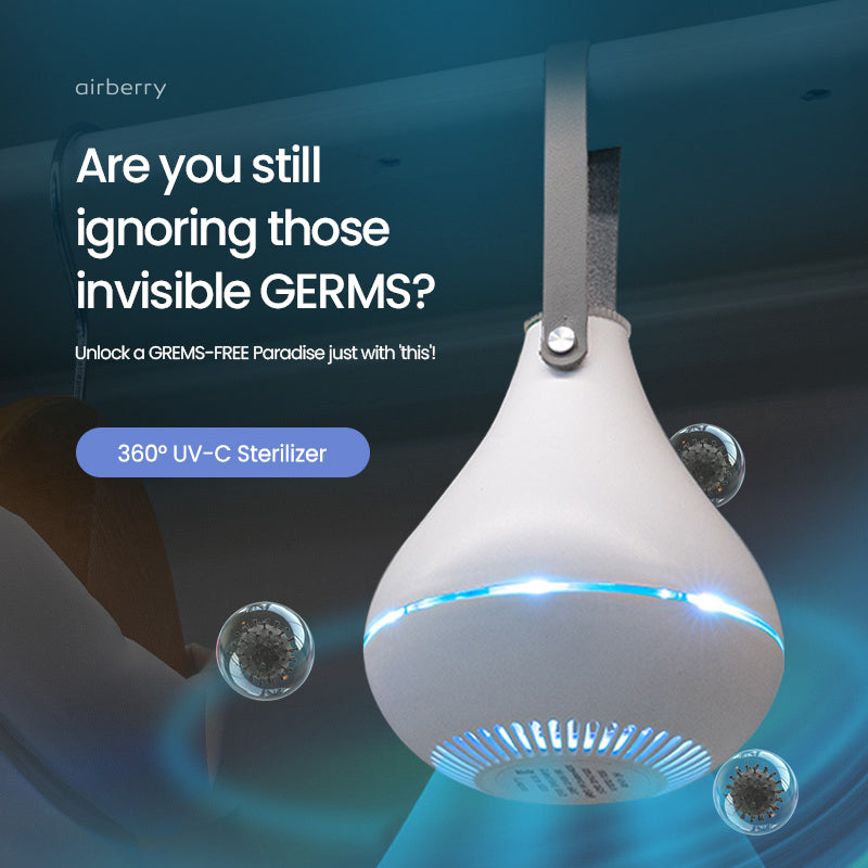 No Blind Area! Airberry 360° UV-C Lamp can Kill 99.9% of Germs & Bacteria per day for 5mins!Water, Air, Surfaces, All Sterilized to Perfection! Goodbye to Bacteria Brought In from the Outside! 
